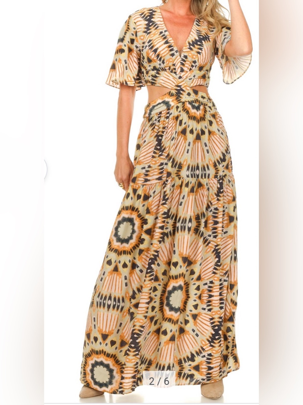 BA&SH Bohemian cut out dress in Peach & Black Floral Medallion